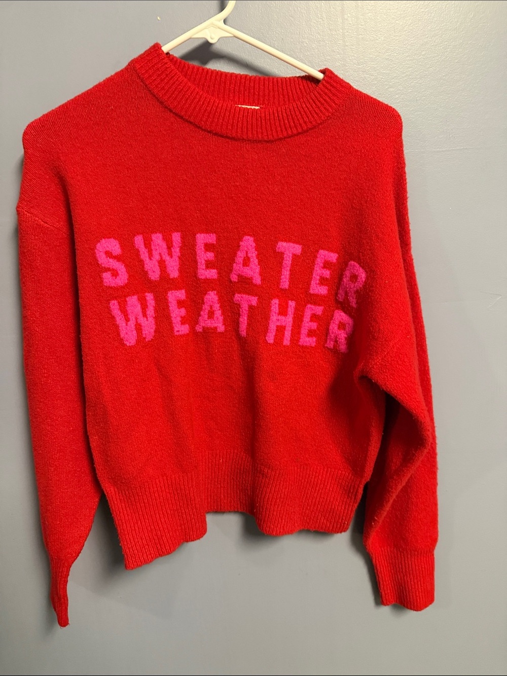 a new day Red Crewneck Sweater with Pink Lettering